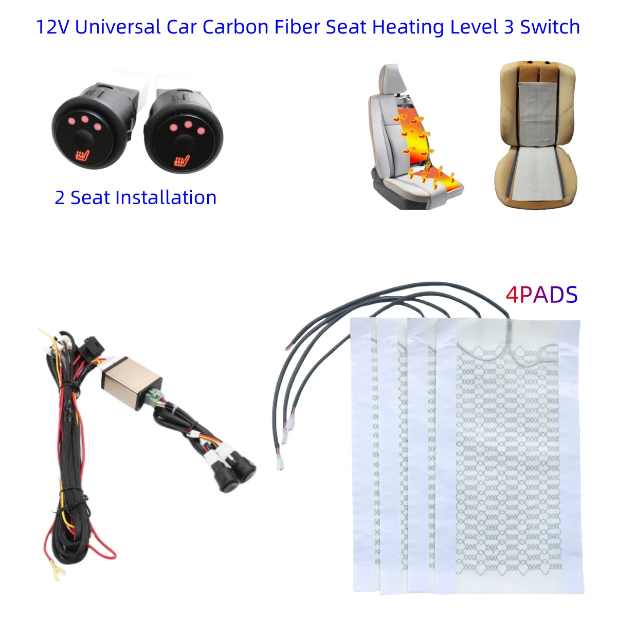 4pcs  3 Level 12V Carbon Fiber Universal Car Heated heating Heater Seat Pads Winter Warmer Seat Covers