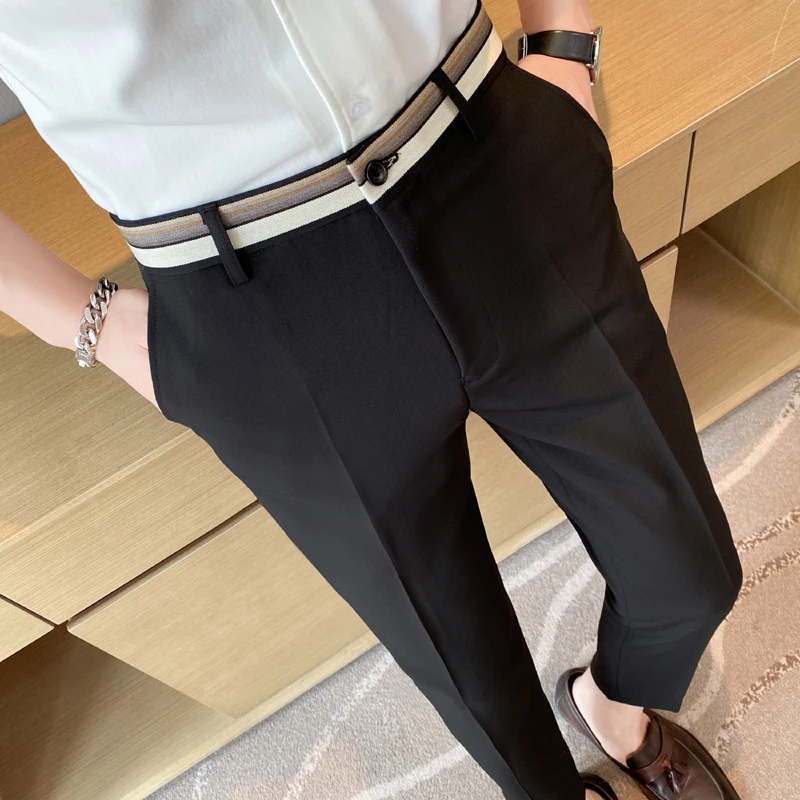 Pantalones de traje a rayas de cintura a la moda para Hombre, pantalones ajustados en blanco y negro, marca Formal, negocios, boda, informales, verano, 2022