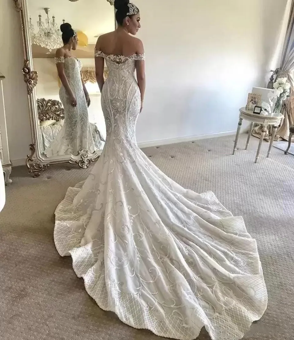 Wunderschöne Meerjungfrau Hochzeit Kleider Mit Abnehmbaren Zug Weg Von der Schulter Spitze Brautkleider Vestidos Backless Dubai Hochzeit Kleid