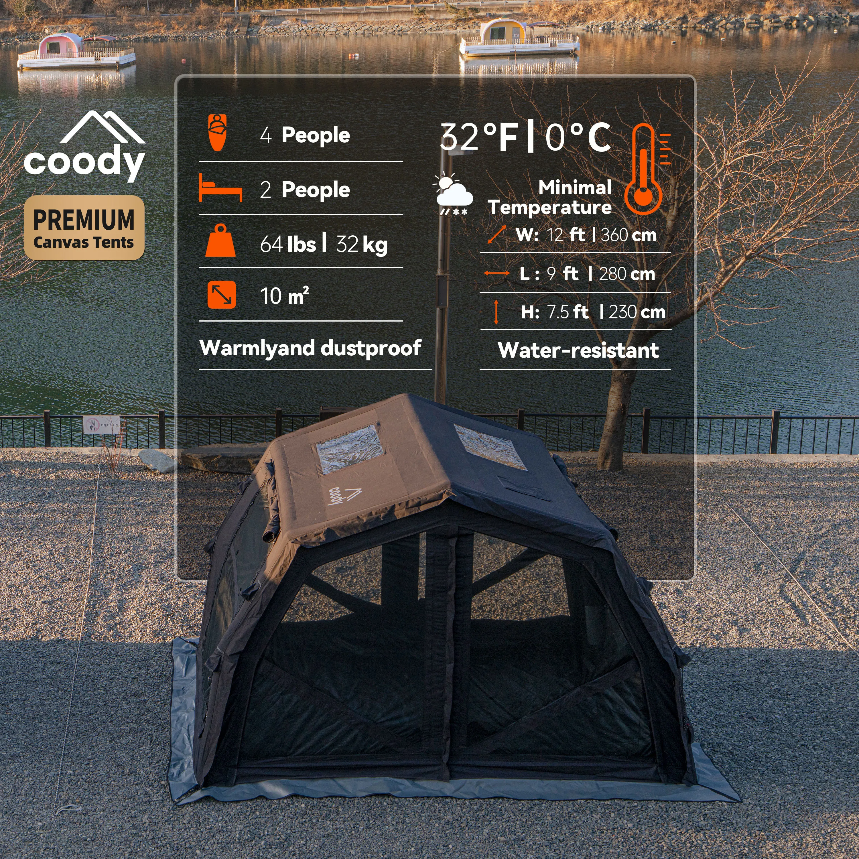 Black Coody 10.0 Pro Single Layer Cotton Air Tent, Factory Direct Waterproof Inflatable Tent for Outdoor Family Camping