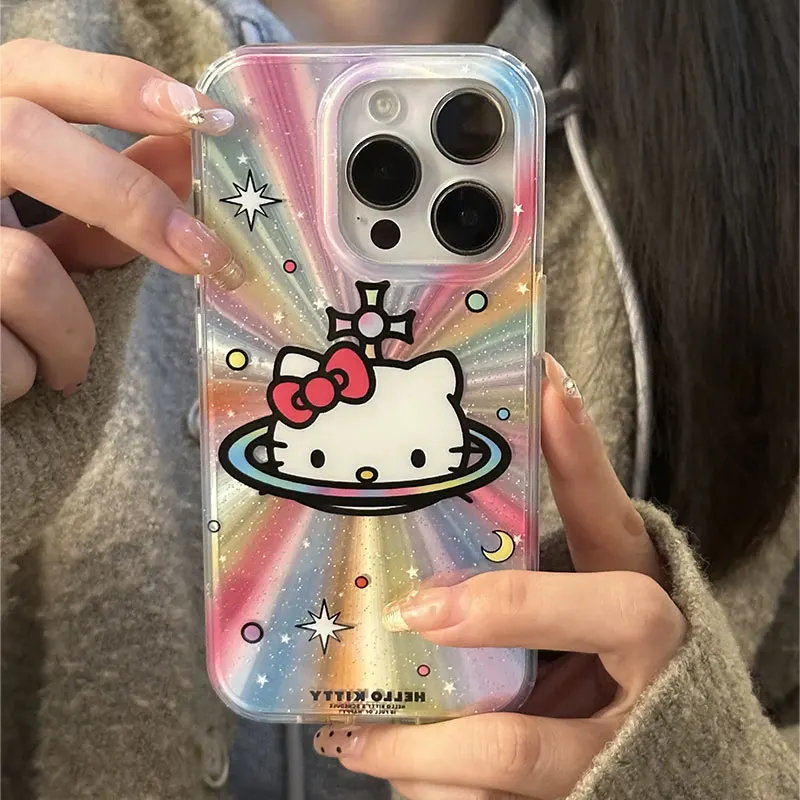 Sanrio Hello Kitty KT Stand Phone Case For iPhone16 15 14 13 12 11 Pro Max XR XS MAX 7 8Plus MINI Y2K Rainbow Aurora Laser Cover