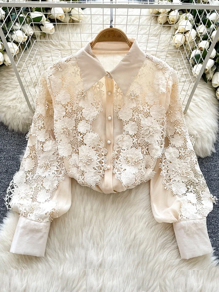 

Spring Autumn Versatile Long Sleeve Shirt Women's New Style Hollow Embroidery Collar Single Breasted Fashion Blouse Top C162