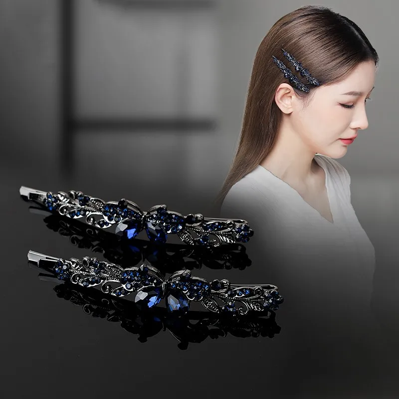 New Korean version blue crystal one line clip luxury side clip horizontal clip top clip women\'s fashionable hair accessories