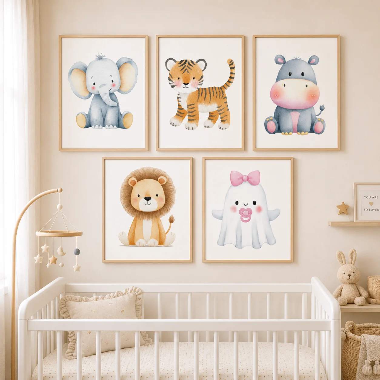 Frameless Nursery Wall Art, Cute Tiger Hippo Lion Canvas Painting, Minimalist Animal Poster Print For Baby Kids Boy Girl Bedroom