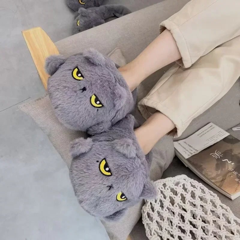 Cute Gray Cat from Home Work Slippers for Both Men and Women, Warm Home Shoes, Fashionable Family Plush Cat Slippers