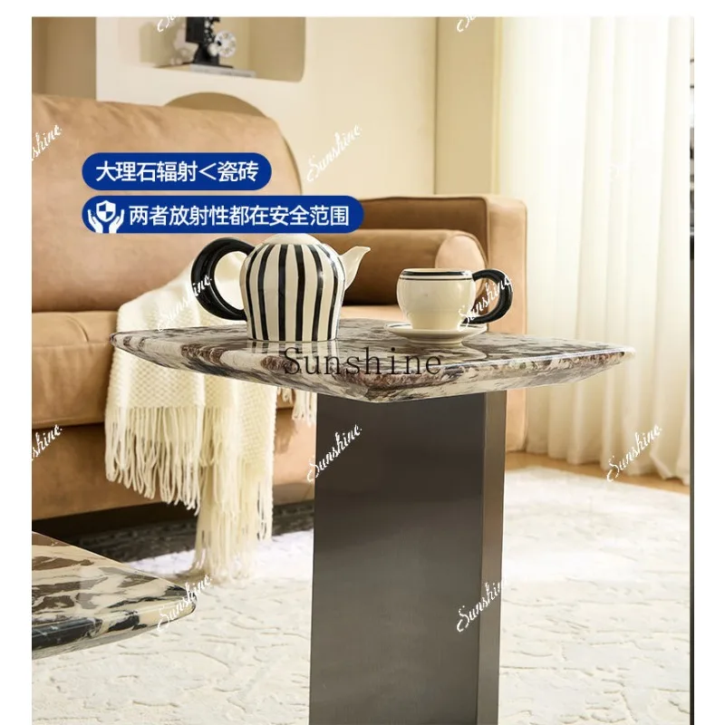 Light luxury modern natural marble coffee table small apartment living room high and low double-layer luxury stone edge tabl T