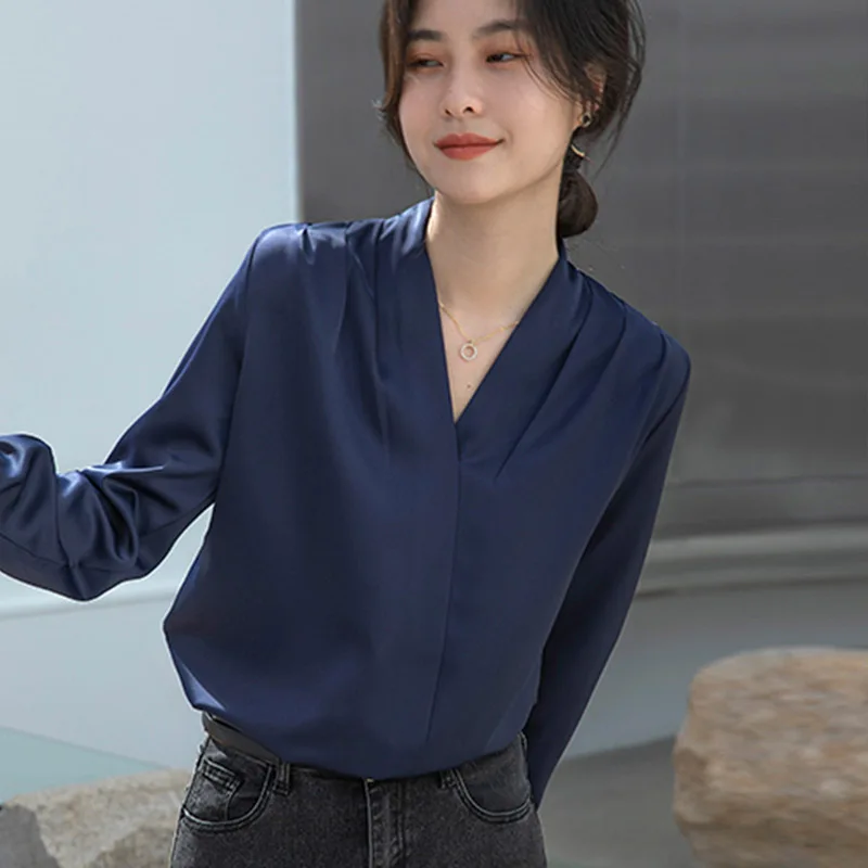 

Women Clothing Fashion Temperament V-neck Chiffon Shirts Autumn Vintage Solid Office Lady Blouse Elegant Simple Loose Tops