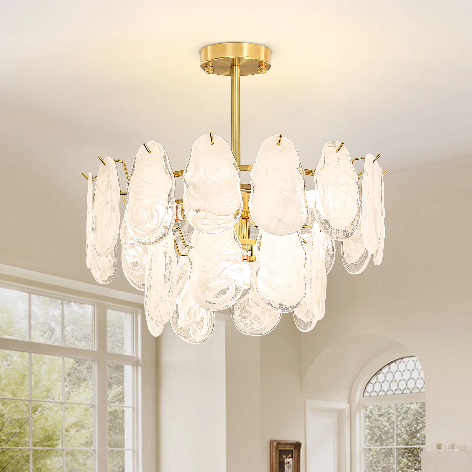 

Depuley Modern Crystal Chandelier: Light Brass Gold Semi Flush Mount Ceiling Light 2-Tier Pendant Light with Cloud Fog Glass