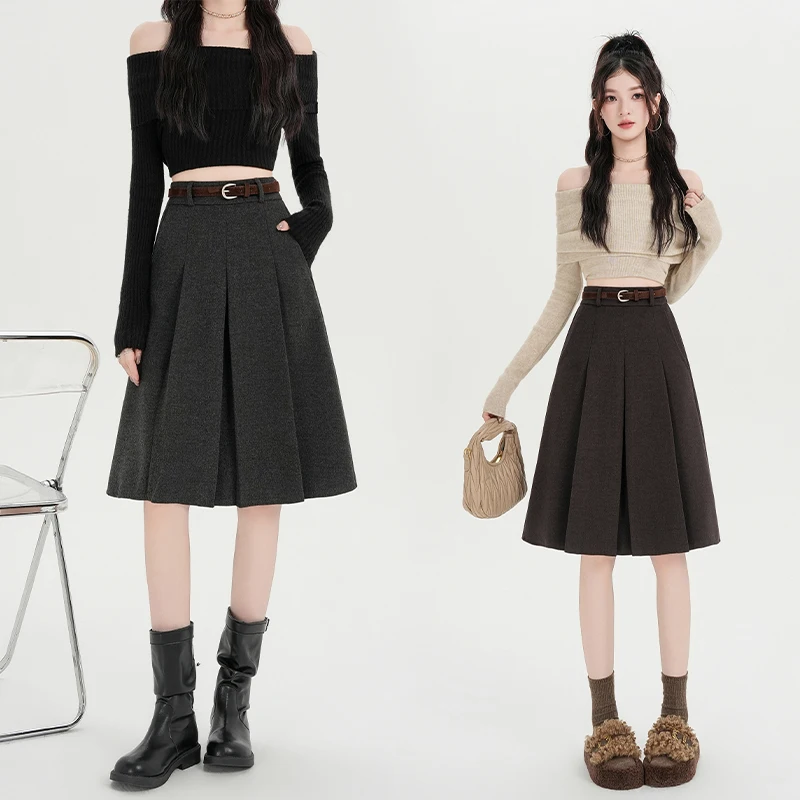 Autumn Winter Woolen Skirt Women 2026 New Arrival High Waist A Line Pleated Skirt For Women Korean Style Chic Midi Skirt Woman