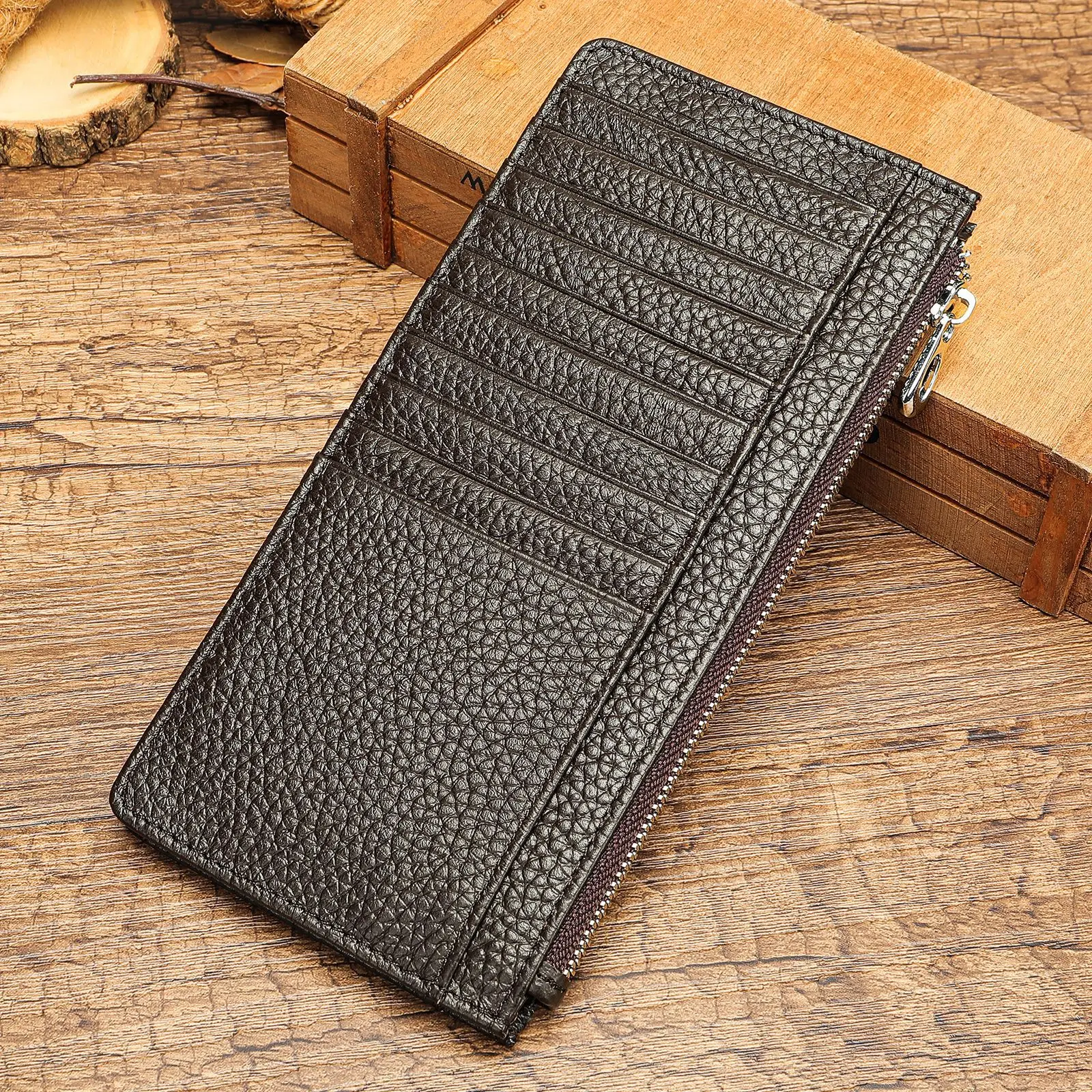 Leren damesportemonnee Lange Japanse kaarttas met meerdere kaarten Toplaag koeienhuid ritszakje Lange damesportemonnee