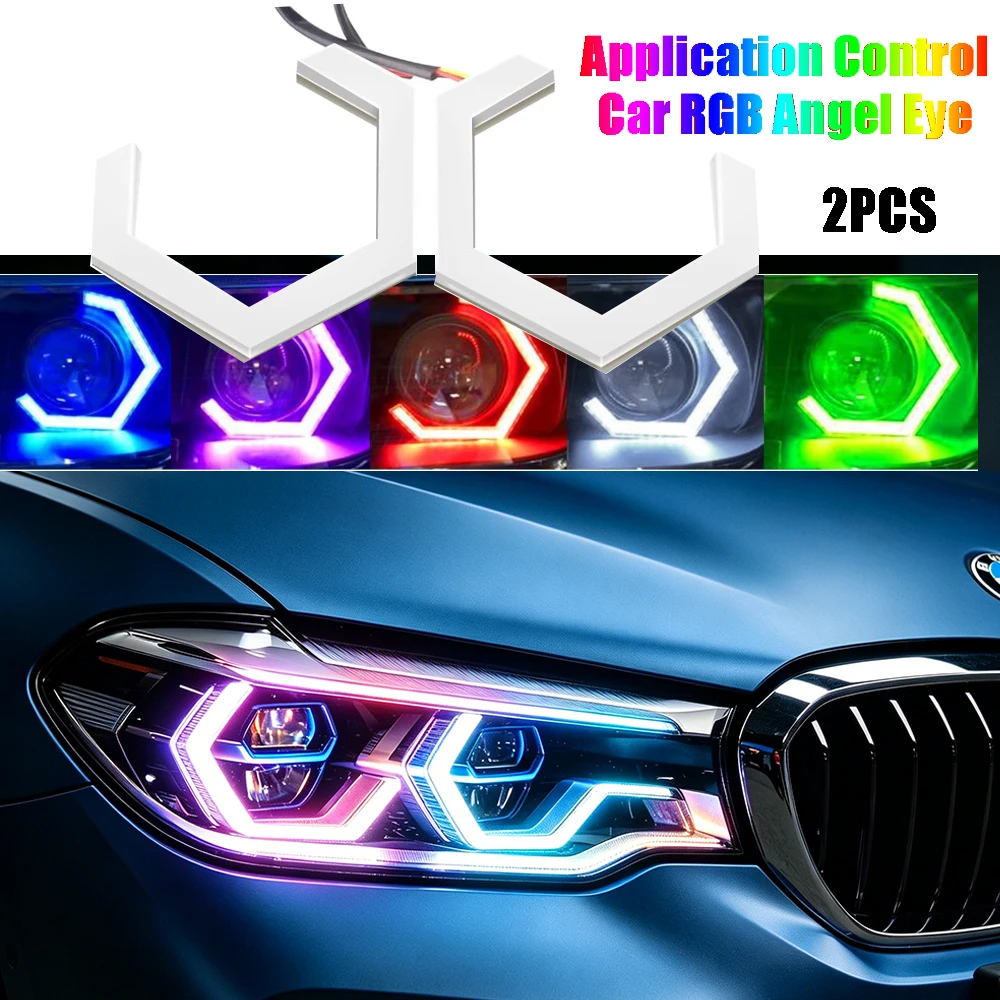 2PCS Angel Eyes Rings  RGB Yellow Amber Turn Signal Bluetooth APP Control Car UTV Motorcycle DRL Headlight Decorative Light