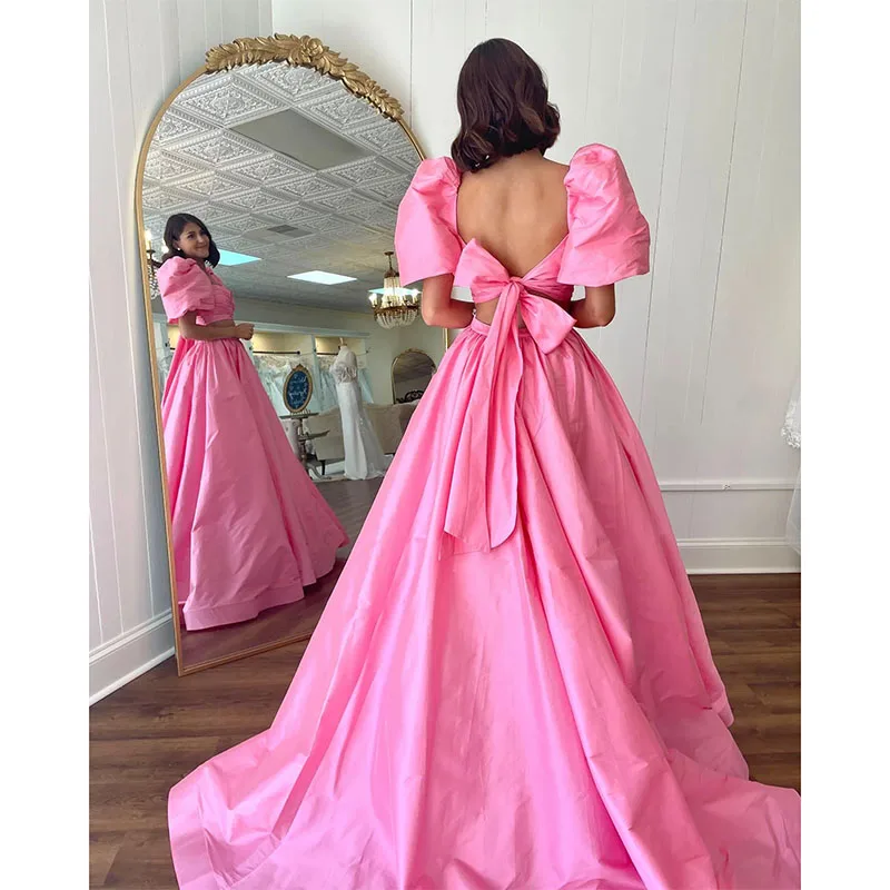 Vestido de baile rosa para mulheres, Vestidos de noite elegantes, Mangas curtas inchadas, Coxa dividida, Vestidos formais sem costas