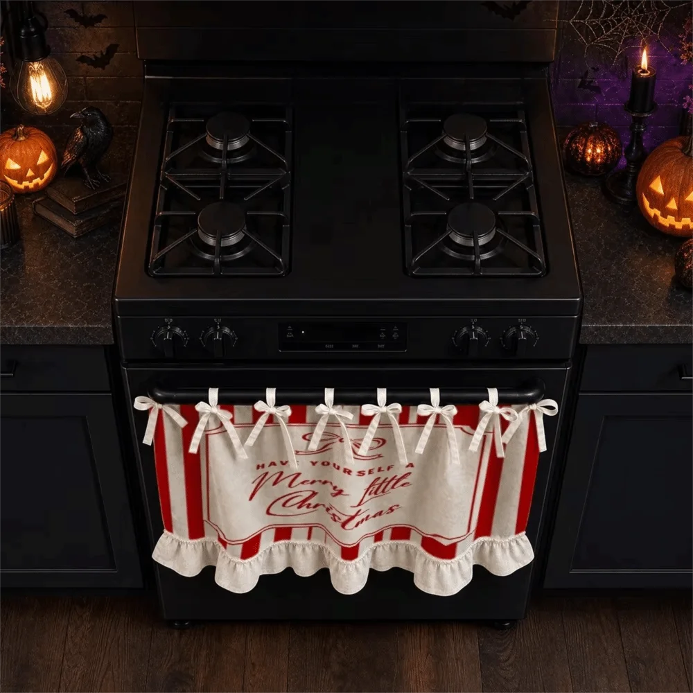 Lace-up Design Christmas Oven Curtain Ruffled Edge Decorative Cabinet Curtain American-style Red and White Kitchen Stove Curtain