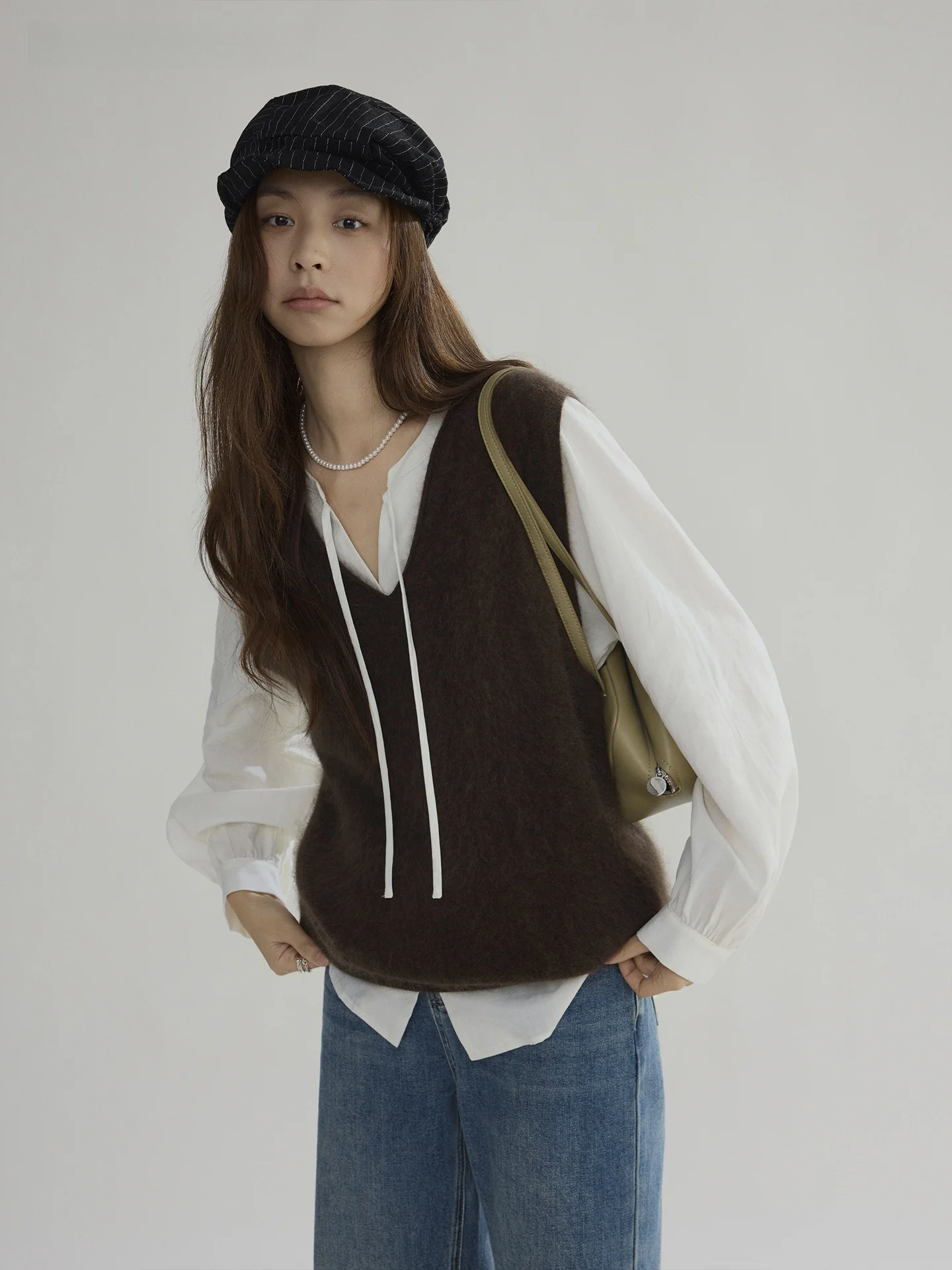 

Joli Choose96 Wool V-ne ort Knitted Vest Women Casual Simple Match Upper Apparel eep Wool Blend Spring Faion