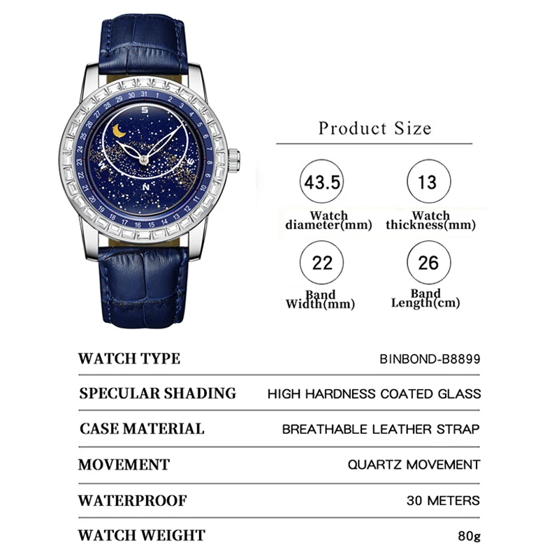 BINBOND Brand Rotating All Over The Sky orologi da uomo con diamanti vuoti Fashion Business Sun Moon Stars orologio da uomo luminoso impermeabile