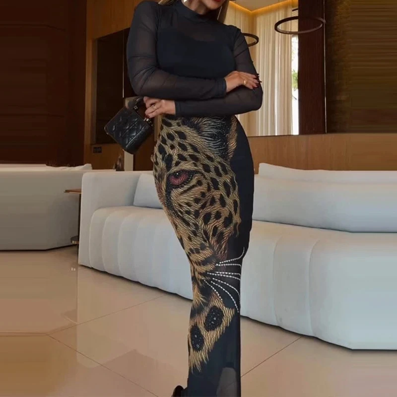 

Hot Girl Turtleneck Long Sleeve Wrap Hips Dress Temperament Women's Party Dresses Sexy Slim Mesh Spliced Leopard Printed Dress