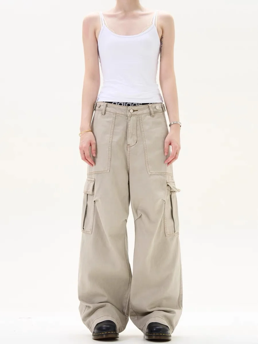 

Мужские рабочие брюки в американском стиле ретро с несколькими кетами, прямые свободные широкие брюки, крутые ленивые брюки, повседневные брюки для пары