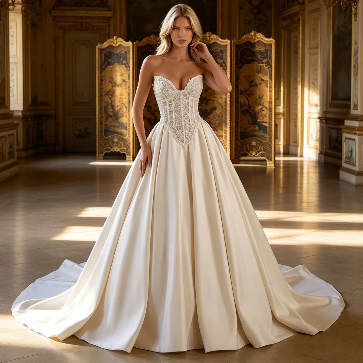 Luxury Appliques V Neck Wedding Dress For Bride Vestidos Novia Lace Ball Gown Long Pleated Bridal Party Gown For Women