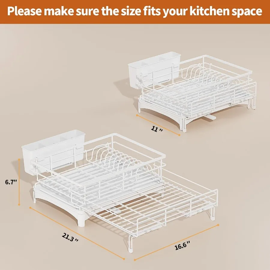 رف تجفيف الأطباق، رف قابل للتوسيع، تجفيف الأطباق ذو سعة كبيرة لطاولة المطبخ، مقاوم للصدأ مع حامل أواني أبيض