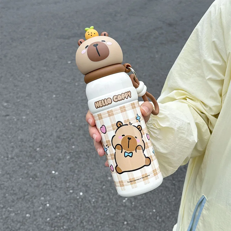 

1pc Capybara Cute Cartoon Insulated Water Bottle, 500ML, with Wide Hand Strap & Non-Slip Base, Portable Drinking Cup