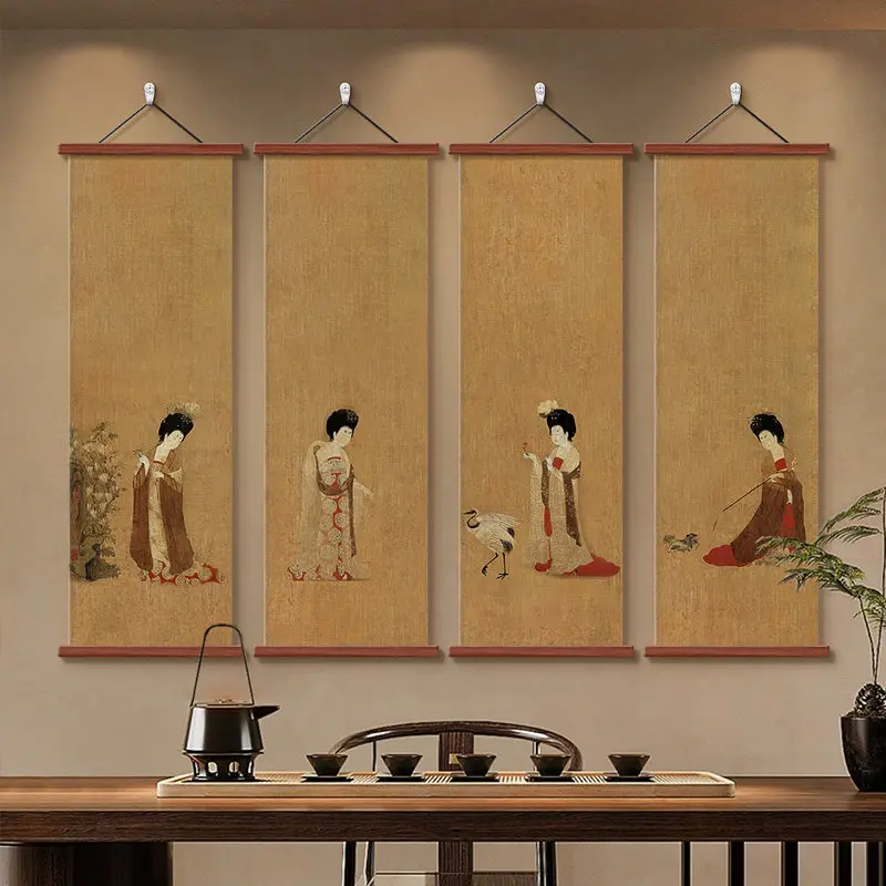 Tang Dynasty Ladies with Flowers Hairpin Painting, Chinese Aesthetics Wall Art for Living Room, Hotel, Restaurant Entryway Decor