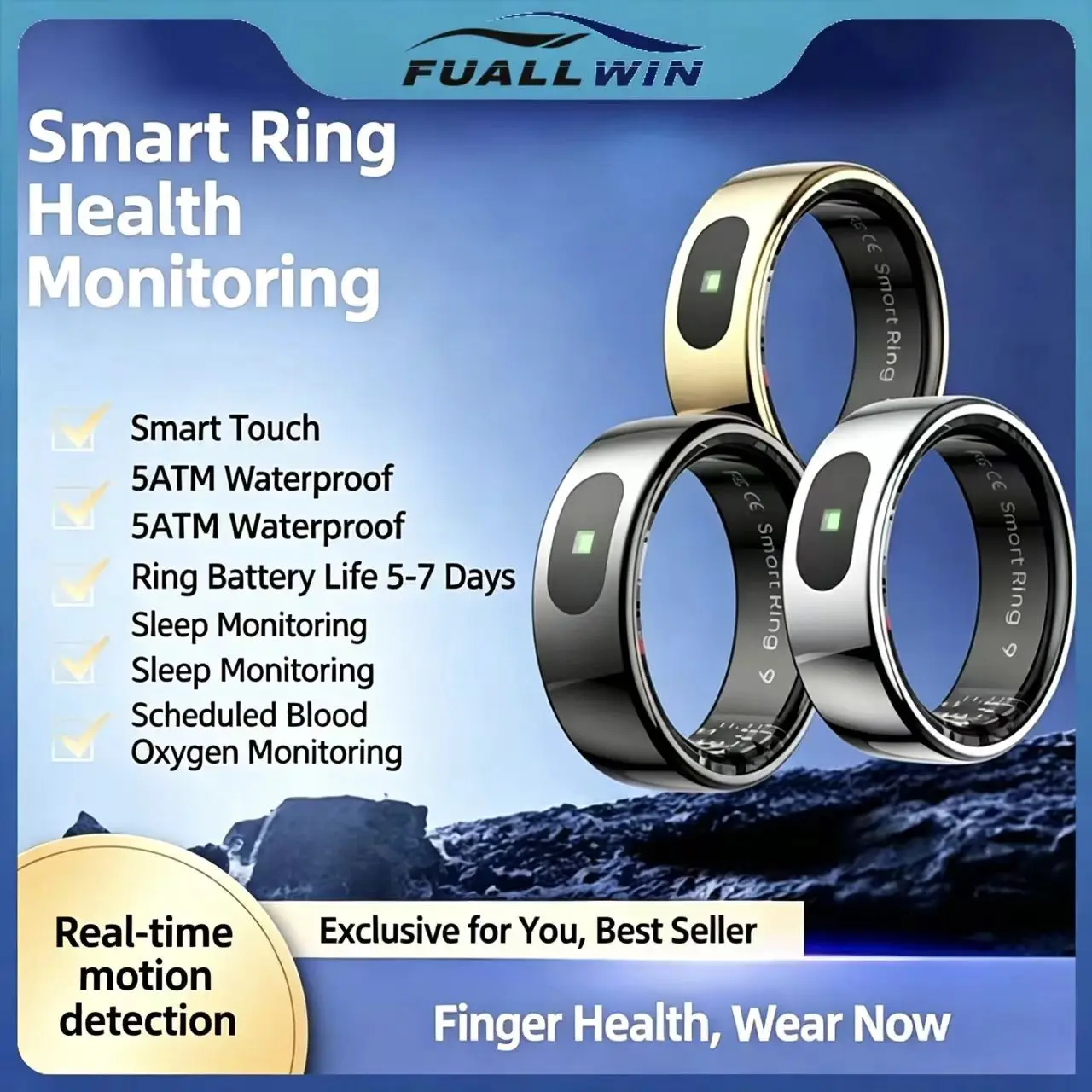 

real-time Sports monitoring ring 5ATM Waterproof Fitness Tracker with Heart Rate Sleep Blood Oxygen Monitoring, 5-7 Day Battery