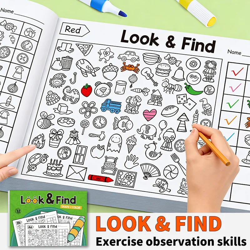 Libro de juegos de 32 páginas para niños, mejora las habilidades de observación y concentración de los niños, cuaderno para colorear para la educación temprana, adecuado para herramientas educativas en el hogar y la escuela.