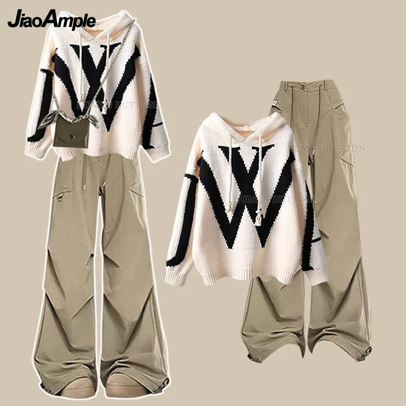 Women's 2024 Autumn/Winter New Tracksuit Matching Set Korean Elegant Hooded Knitted Sweater+Casual Cargo Pants Two Piece Suit