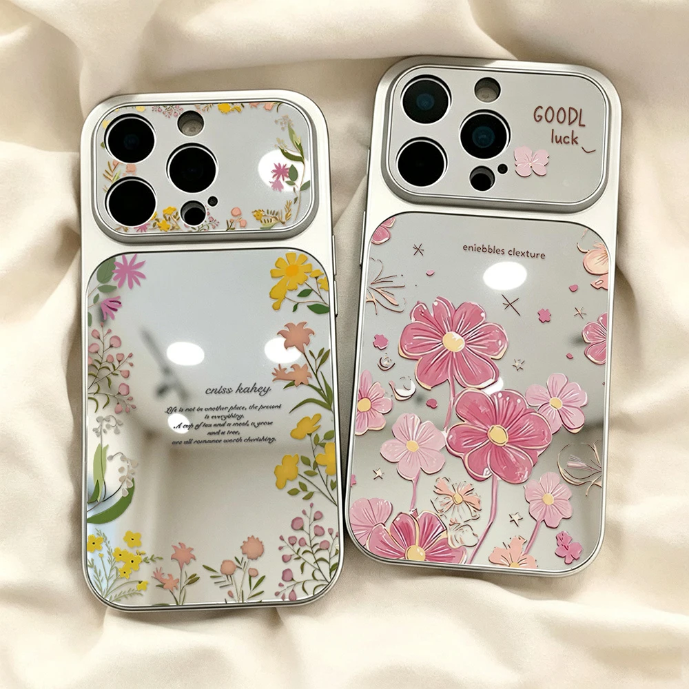 Flower Mirror Phone Case For iPhone 17 Pro Max 16 15 14 13 11 12 18 Pro Max Shockproof Soft Large Window Lens Protect Back Cover