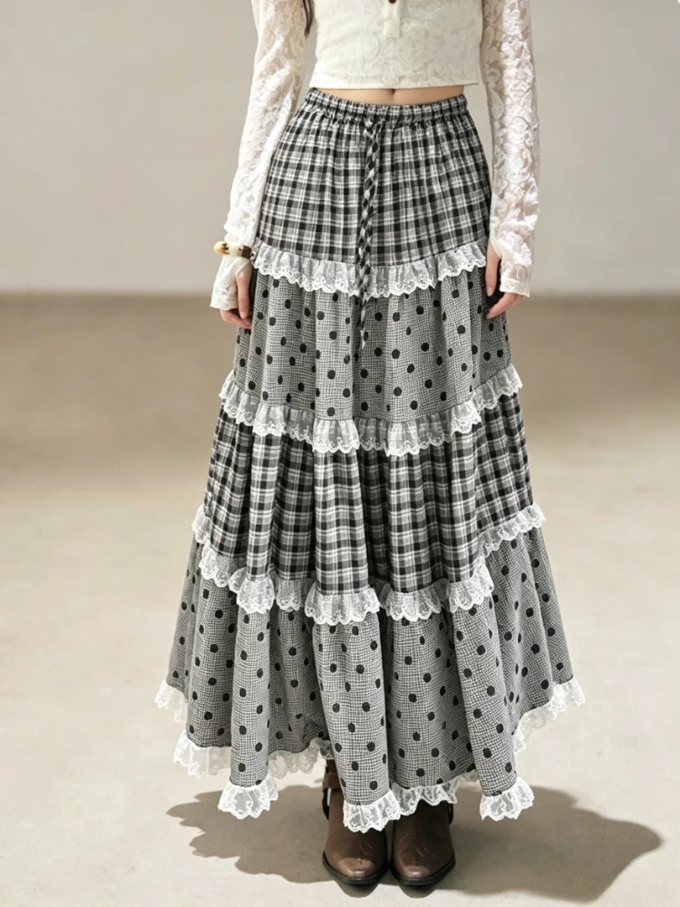 French Retro Lace Patchwork A‑Line Half Skirt 2026 New Sweet Lolita Flared Skirt Women Harajuku Y2K Hot Girl Streetwear