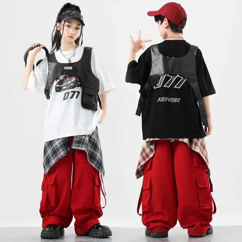 Ragazzi Abbigliamento Hip Hop Pantaloni cargo rossi Ragazze K-pop Abiti da ballo di strada Set di vestiti per bambini Spettacolo per bambini Costumi di scena streetwear