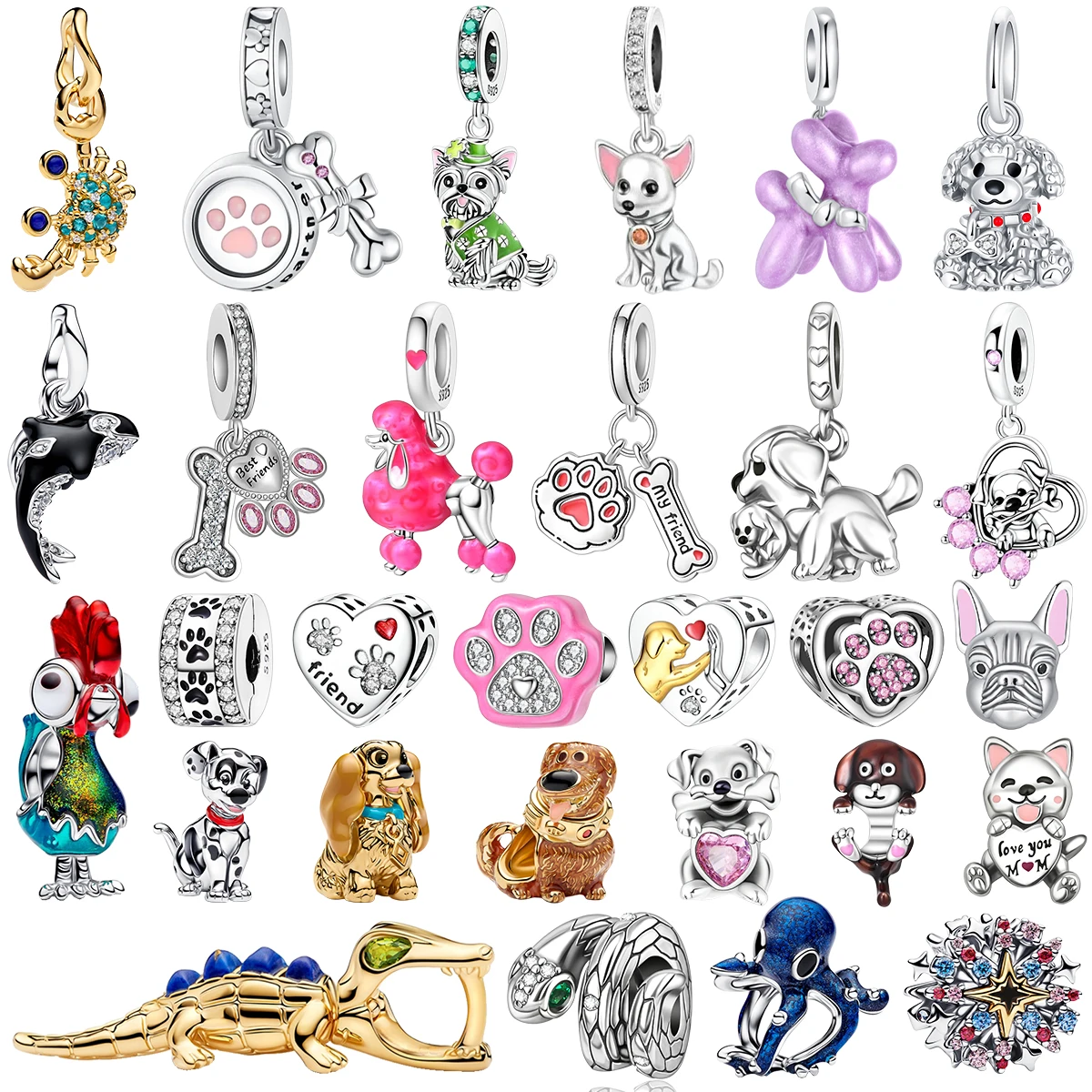 Llavero de Plata S925 con Dijes de Perros Adorables, para Amantes de los Animales: Pata, Ballena, Pulpo, Caniche, Bulldog Francés, Teddy, Yorkshire Terrier - Regalo