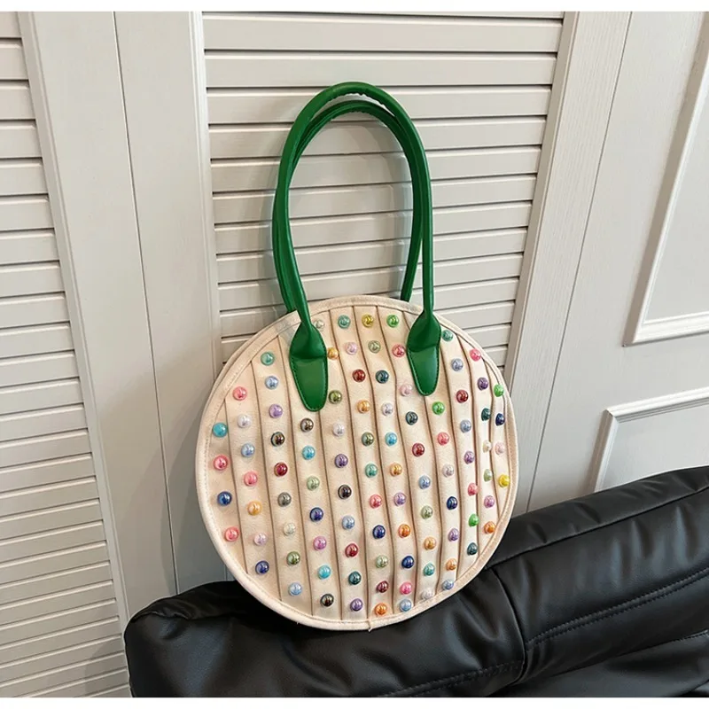 

Colorful Rivet Canvas Circular Shoulder Bags Large Capacity Unique Design Casual Tote Bags for Women 2024 Fashion New Style