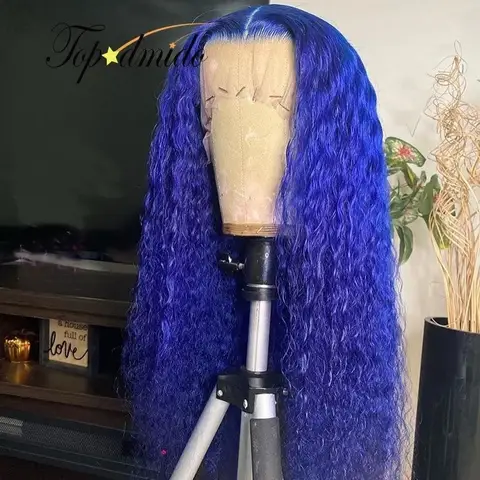 30inches Deep Wave Lace Frontal Wigs for Women  Blue 13X4 Curly Lace Front Wig Synthetic Pre Plucked Hairline Daily Wear Party
