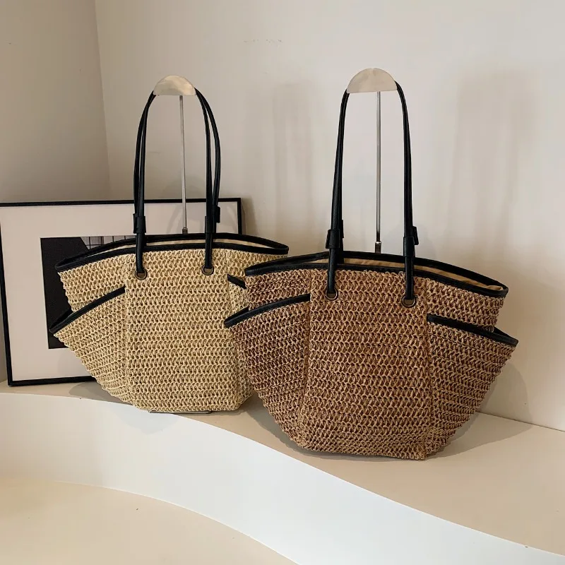 2024 Summer Straw Tote Bag Simple Versatile Large Capacity Hand Woven Shoulder Bag Bohemian Vacation Casual Seaside Beach Bag