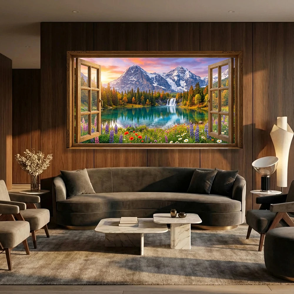 (1PC Unframe)No Frame View of mountain lake from open window Canvas, wall art waterfall and wildflowers, picturesque natural lan