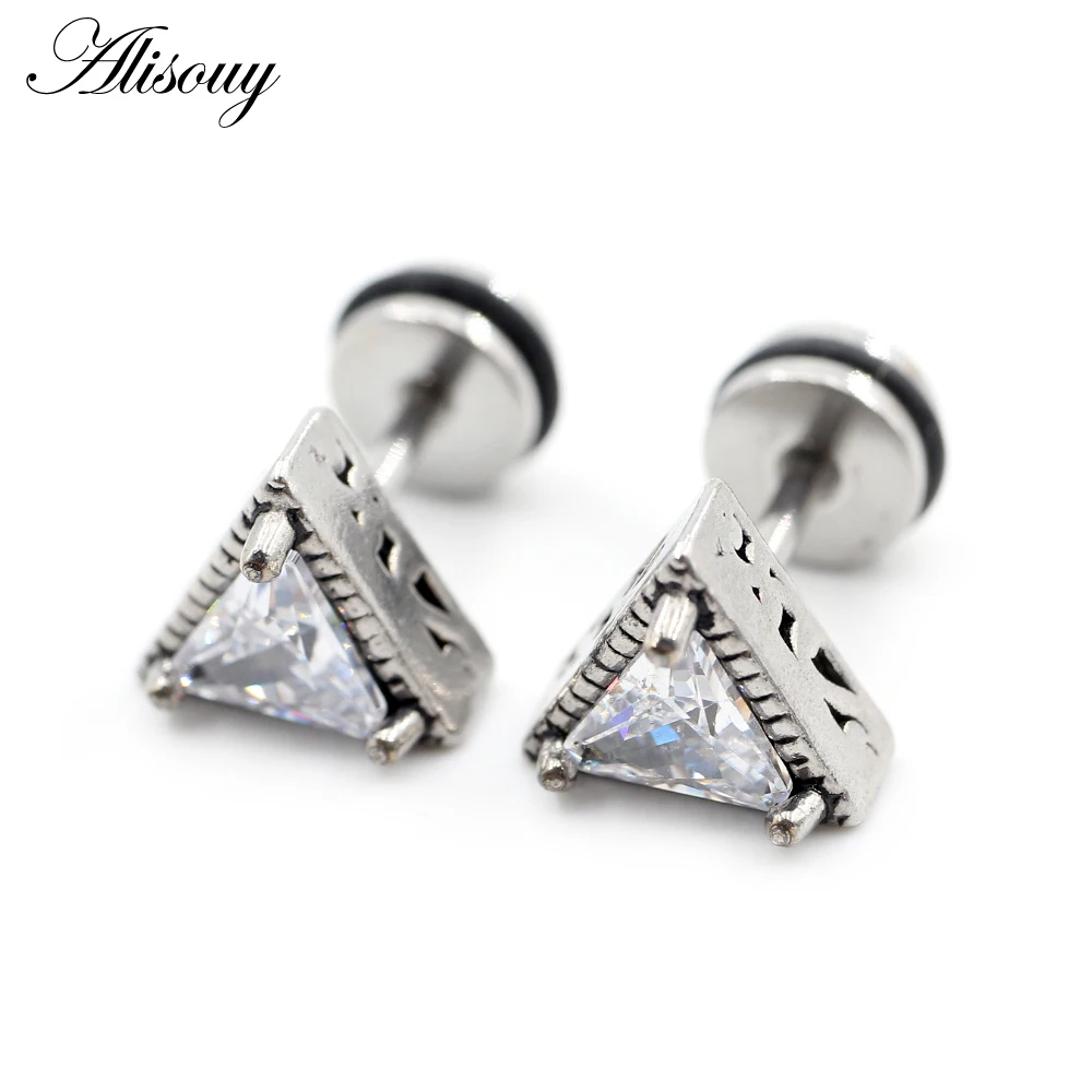 Alisouy 2PCS Stainless Steel Triangle Heart Square Oval Zircon Wing Men Ear Stud Earring Tragus Cartilage Helix Piercing Jewelry