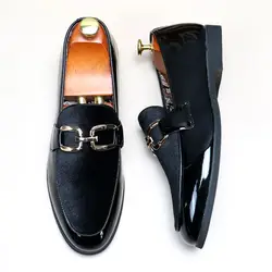 Man Fashion Leather Shoes Mens Patchwork Party Wedding Loafers Metal Button Moccasins Men Slip-on Comfortable Driving Flats