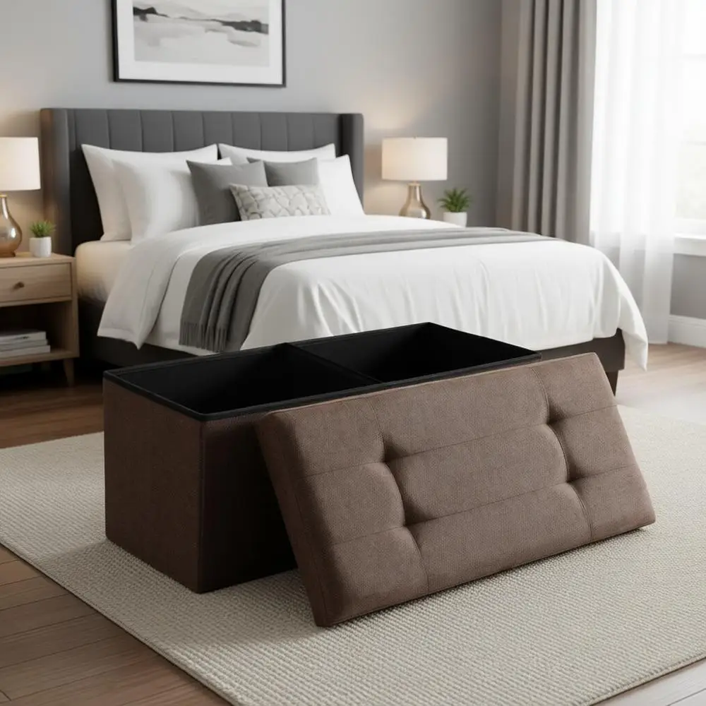 

30-дюймовая скамья-пуф для хранения вещей из льняной ткани с откидной крышкой, вместимостью 75 л, коричневая