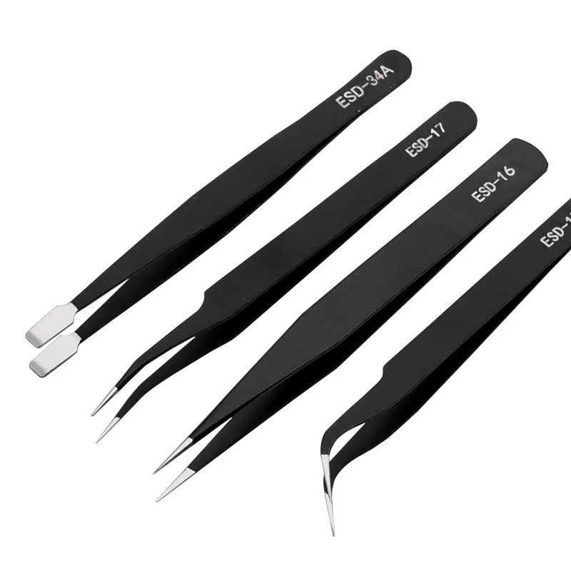 ESD Safe Stainless Steel Tweezers Set - Straight  Curved Tips for Precision Maintenance Industrial Electronics Repair Tools