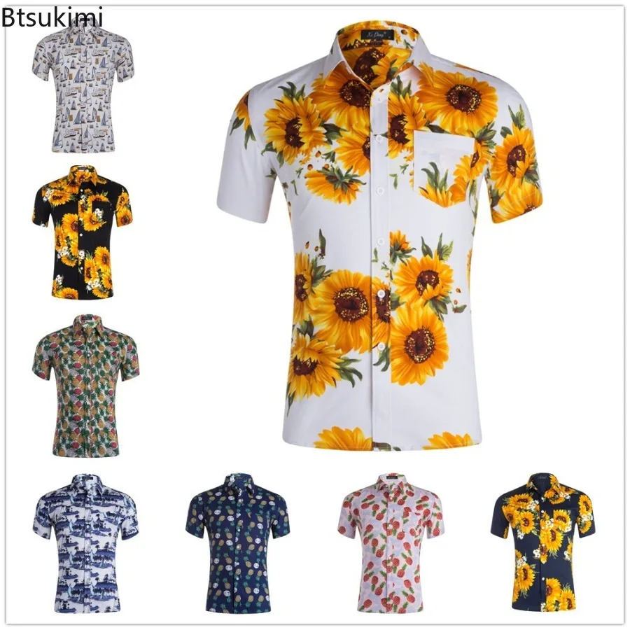 

Hawaiian Men's Shirts 2025 Sunflower Sunshine Print Lapel Shirts for Men Fashion Short Sleeve Tops Loose Large Size Men Clothing