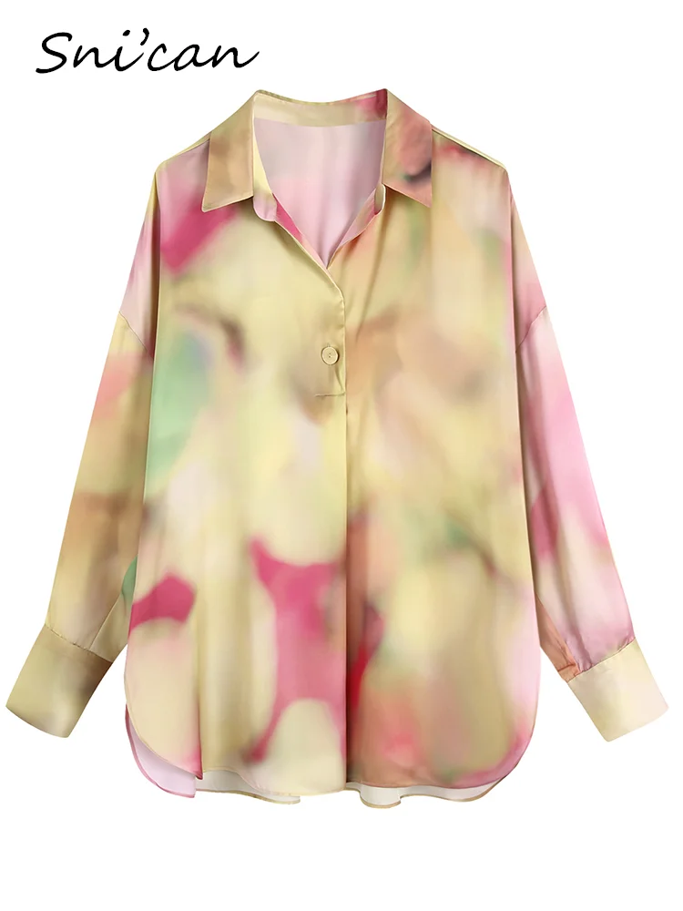 Tie Dye Women Satin Shirt Vintage Spring Long Sleeve Loose Casual Ladies Blouse Female Chic Tops 2022 Femme Chandails Blusas New