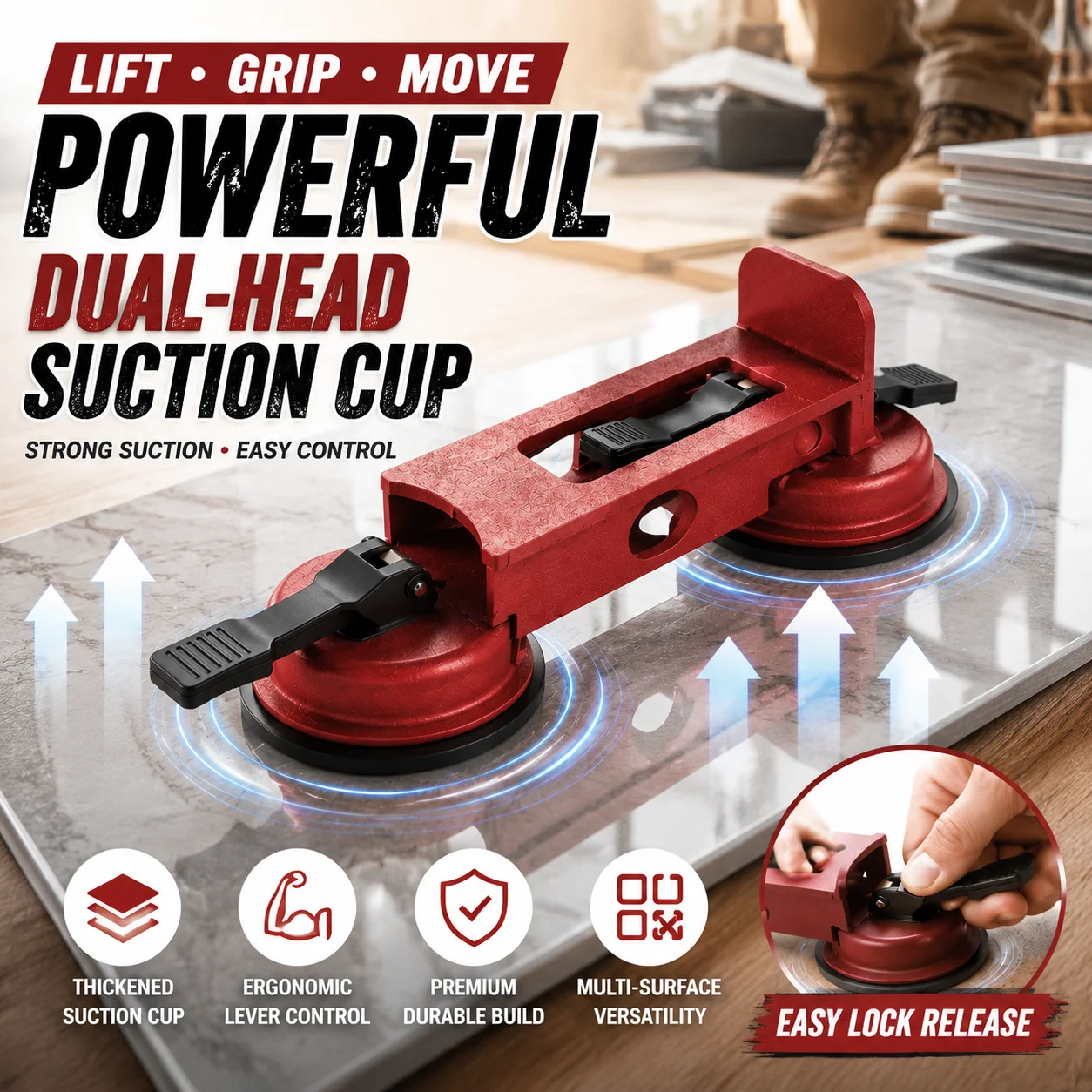 

Heavy-Duty Dual-Head Suction Cup Floor Pull Tool Metal Base Rubber Sucker Flooring Installation Helper For Closing Wood Plank