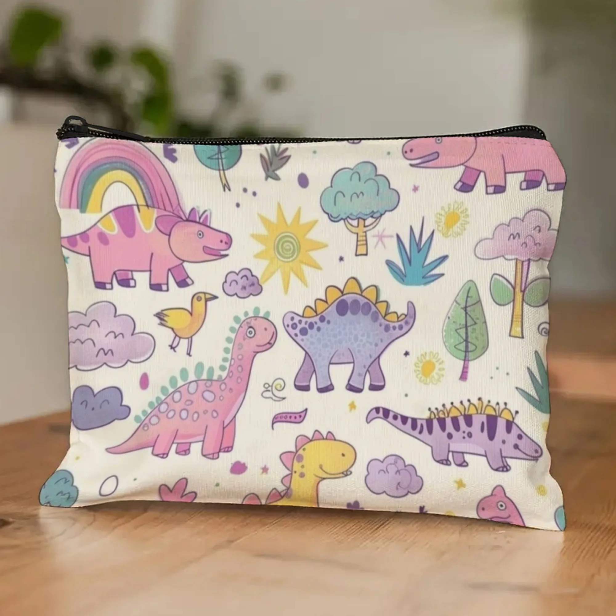 Cute Dinosaur Pattern Print Canvas Makeup Bag with Zipper, Colorful Cartoon Cosmetic Organizer ,For Girls Travel & Daily Gift
