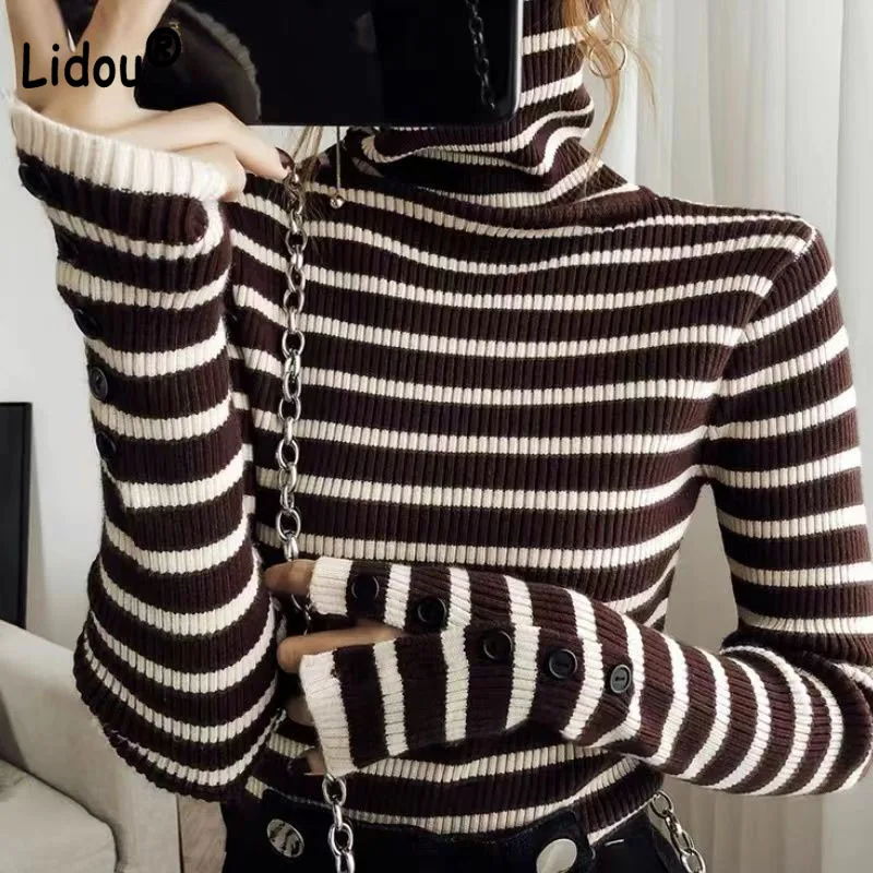 Turtleneck Autumn Winter Basic Style Striped Inside Tops Cuffs Button Decoration Slim Women\'s Clothing Korean Trend Pullovers