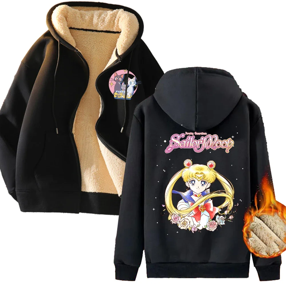 Sailor Moon Y2K Zip Up Hoodie Kawaii Cartoon Anime Printed Tops Casual Sports Long Sleeves Thickened Warm Jacket Winter Clothing