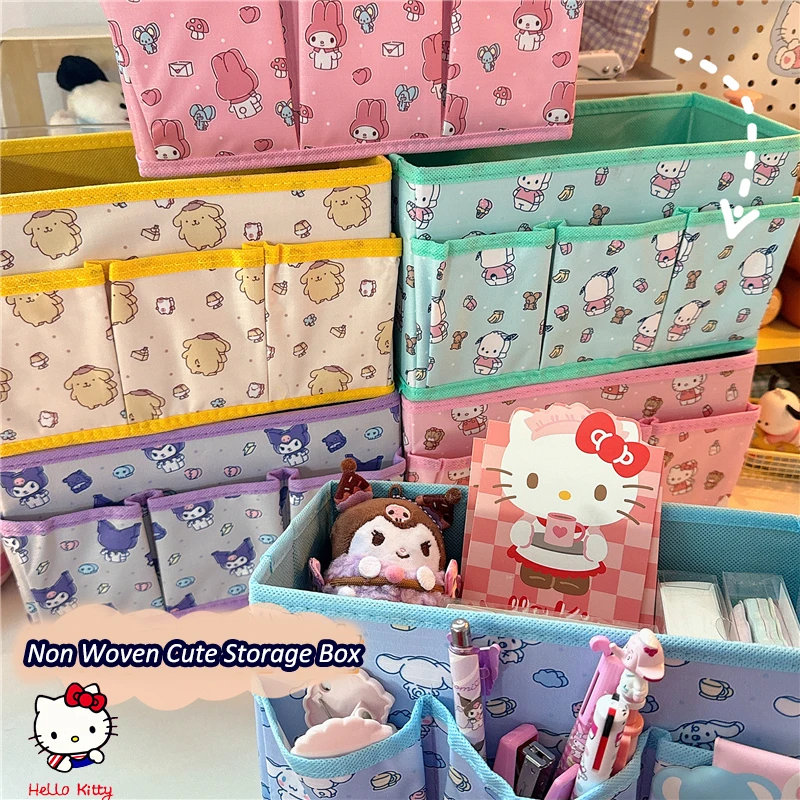 Sanrio Foldable Hello Kitty Non Woven Cute Storage Box Kawaii Kuromi  Melanie Leather Divided Storage Bag Cosmetic Sorting Box