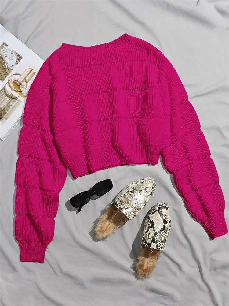 2023 Autumn Winter Knitted Sweater Women Rose Basic Cropped Pullover Femal O-Neck Jumper Soft Tops