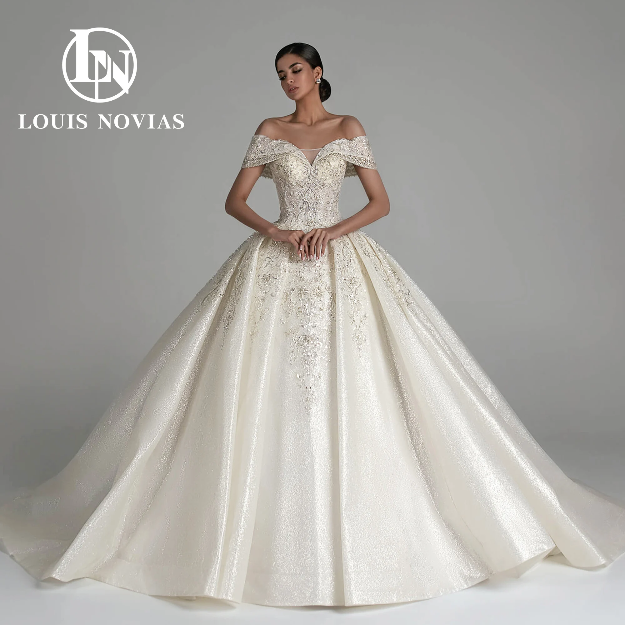 

Бальное платье LOUIS NOVIAS 2024, свадебное платье с рукавом-крылышком, вышивкой сердечком, сверкающим королевским шлейфом, свадебные платья