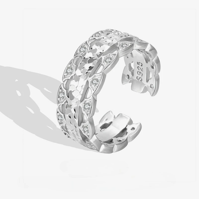 

New S925 Silver Ring Female Niche CNC Crushed Ice Flakes High End Opening Adjustable Ring Wedding Jewelry